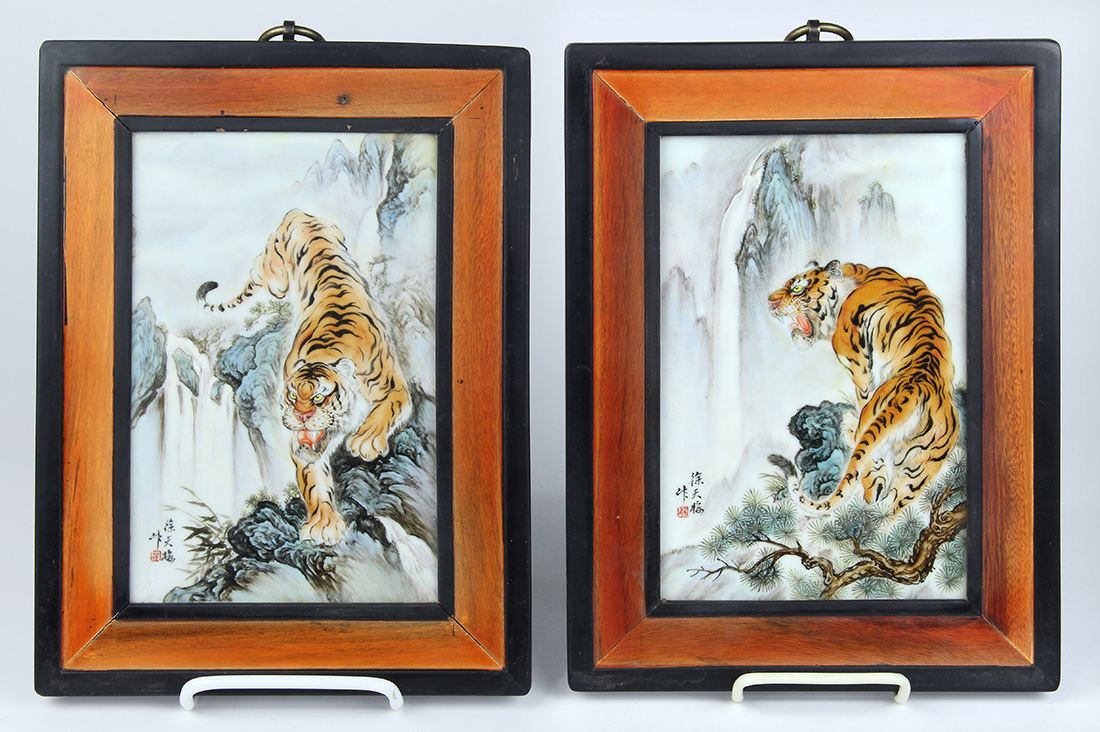 (lot of 2) Chinese enameled porcelain plaques, Tigers, manner of Xu Tianmei (1910-1994), fierce