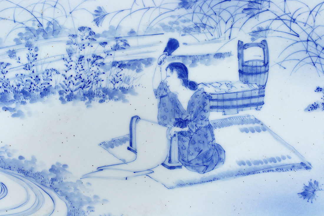 Japanese underglaze blue porcelain plaque, of a beauty washing clothing by the river, 30.5"w - Image 3 of 4