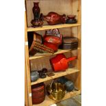 (lot of 17) Four shelves of Asian decorative items, including five Chinese lacquer boxes of wood and