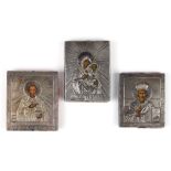 (lot of 3) Russian traveling icons, each having silver oklads, largest: 2"l