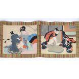 (lot of 2) Japanese shunga erotica scrolls, ink and color on silk: the first, with 12 painted leaves