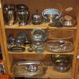 Three shelves of silver plate table articles, consisting of (2) pitchers, 9.5"h; assorted serving