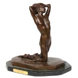 Art Nouveau style patinated bronze figural sculpture, titled "Kneeling Nude", by George A. Sweet (