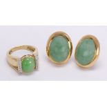 Jadeite, diamond and 14k yellow gold jewelry suite Including 1) ring, centering (1) oval jadeite