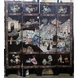 Chinese four panel Coromandel style screen, one side featuring birds-and-flowers; reversed by