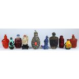 (lot of 10) Group of Chinese snuff bottles, consisting of a cinnabar lacquered bottle with scholar's