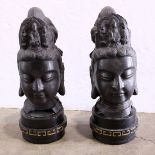 (lot of 2) Chinese large iron bodhisattva heads, with a serene face below the diadem fronted by