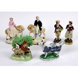 (lot of 6) Staffordshire porcelain figural group, consisting of a crowned lion, dairy cow pitcher