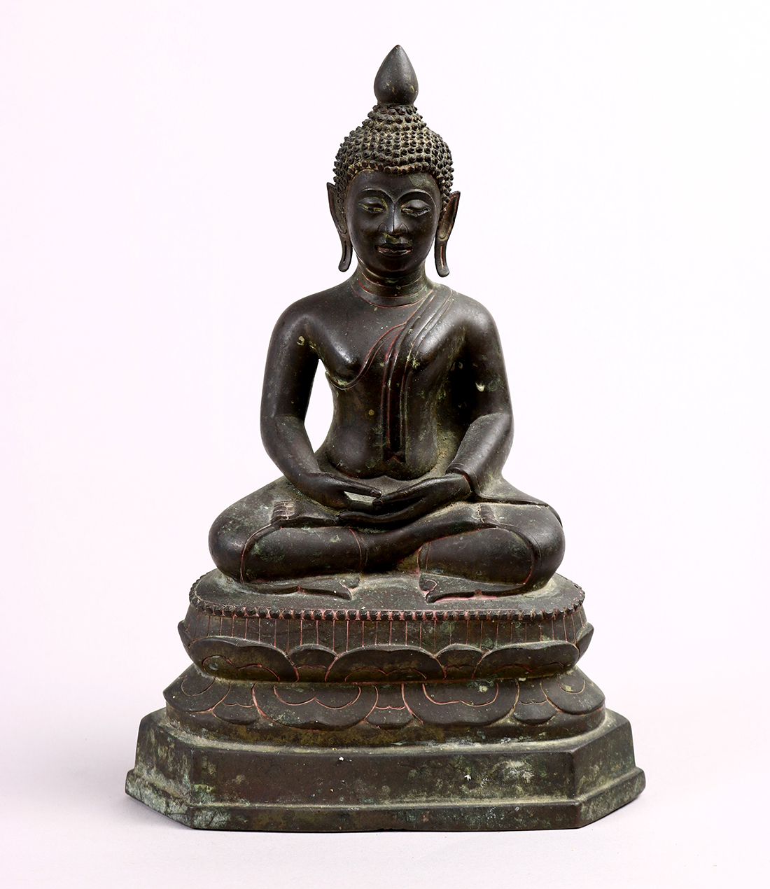 Thai bronze Buddha, 19th century, seated and in dhyana mudra on a double lotus pedestal, 7.5"h