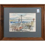 "Bay Bridge Embarcadero," 1962, watercolor and ink on paper, signed indistinctly "Clemeley (?)"