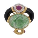 Jadeite, ruby, diamond and 14k yellow gold pendant-enhancer-brooch Featuring (1) carved oval jadeite