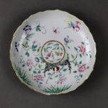 Chinese enameled foliate rim porcelain plate, interior decorated with butterfly and various flowers,