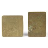 (lot of 2) Chinese metal ink boxes: first of square form decorated with bamboo; the second, etched