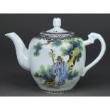 Chinese enameled porcelain tea pot, depicting famous poet Tao Yuanming picking chrysanthemums in the