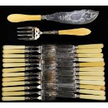 (lot of 26) English silver plate and bone handled fish set, consisting of (12) forks, (12) knives;