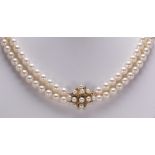 Cultured pearl and 14k yellow gold necklace Composed of (151) Akoya cultured pearls, measuring