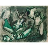 (lot of 2) Ruben Poblano (Mexican, 20th century), Gathered Figures, 1963, Mixed media on papers,