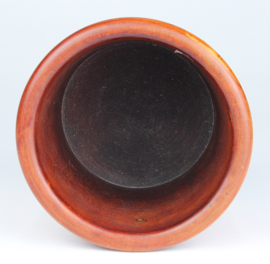 Chinese wood brush pot, the tapering body with raised bands to the rim and base, executed from a - Image 3 of 4