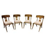 (lot of 4) Neo Classic Klismos chairs, each having a T back with a leather cord seat, loose cushion,