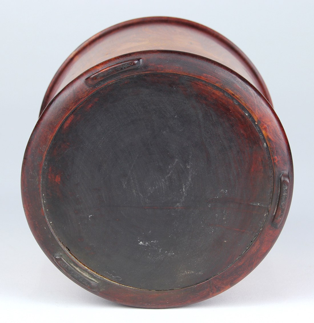 Chinese wood brush pot, the tapering body with raised bands to the rim and base, executed from a - Image 4 of 4