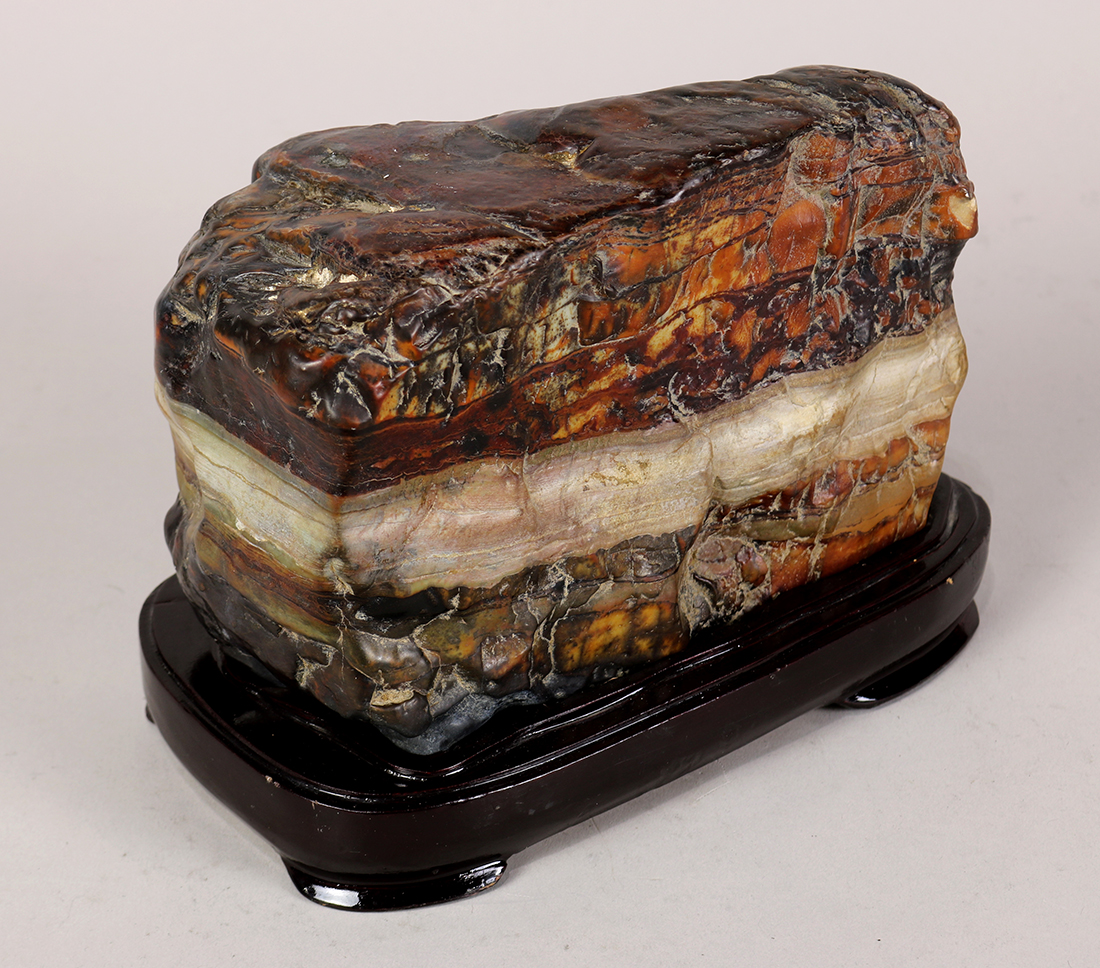 Chinese scholar's rock, reminiscent of a cooked pork belly, with layers of mottled brown and tan - Image 5 of 5
