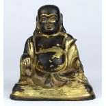 Chinese gilt bronze Budai, wearing loose robes, sitting in royal ease with right hand holding prayer