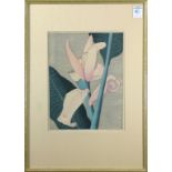 (lot of 2) Shirley Russell (American, (1886-1985), "Bacaua Flower" and "Heliconia," woodcuts with