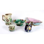 (lot of 5) Continental Majolica associated table articles, consisting of (2) pitchers, a footed