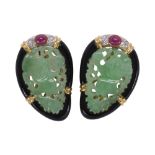 Pair of jadeite, ruby, diamond, black onyx and 18k yellow gold earrings Featuring (2) carved and