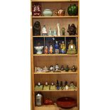 (lot of approx. 65) Six shelves of Asian decorative items: including Buddhist figures, Indian