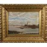 (lot of 2) Continental School (20th century), Railroad Along the Water & Industrial Coastal Scene,