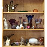 Three shelves of assorted decorative articles, including (9) pieces of Rueven glass, including vases