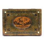 Continental inlaid fitted box, the rectangular form having a central oval scenic medallion flanked