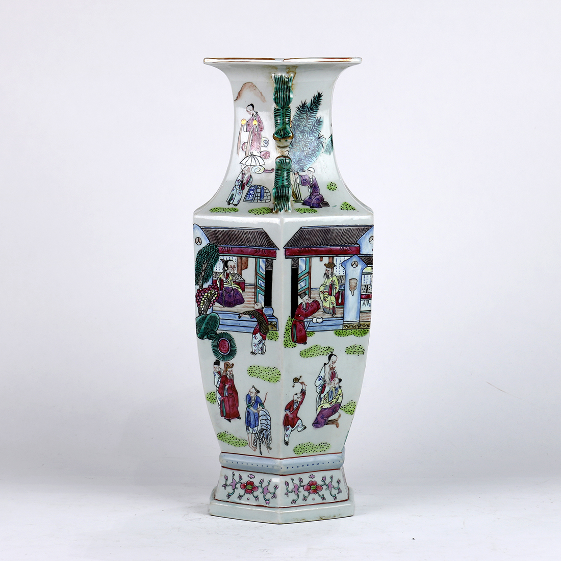 Chinese enameled porcelain vase, of hexagonal shape decorated with village scenes of figures in - Image 2 of 6