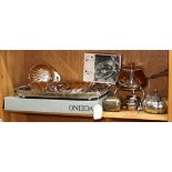 One shelf of silver plate table articles, including an Oneida silver plate tray, 18"l; an Italian