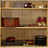 (lot of 15) Three shelves of Asian decorative items; including lacquered and bamboo boxes; a Chinese