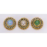 (Lot of 3) Multi-stone, 22k yellow gold clothing accessories Including 1) jadeite, imitation pearl