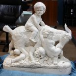 Allegorical white dry cast marble sculpture, depicting (3) putti frolicking with a goat, one putti