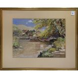 Village by a River, gouache, signed "A.F. Jacobson" lower right, 20th century, overall (with frame):