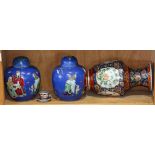 (lot of 4) One shelf of Asian porcelains, including a pair of Chinese lidded jars depicting the