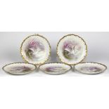 (lot of 5) Limoges porcelain game plates, each having a scenic reserve surrounded by the gilt