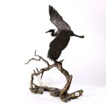 Mark Hopkins (American, 20th century) patinated bronze crane sculpture, the crane modeled as perched