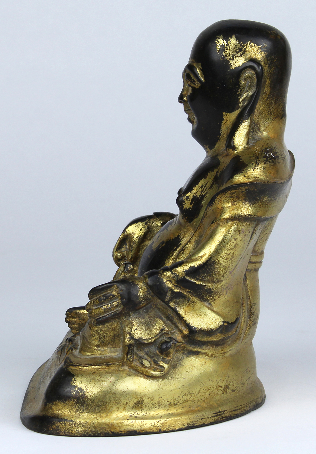 Chinese gilt bronze Budai, wearing loose robes, sitting in royal ease with right hand holding prayer - Image 2 of 5