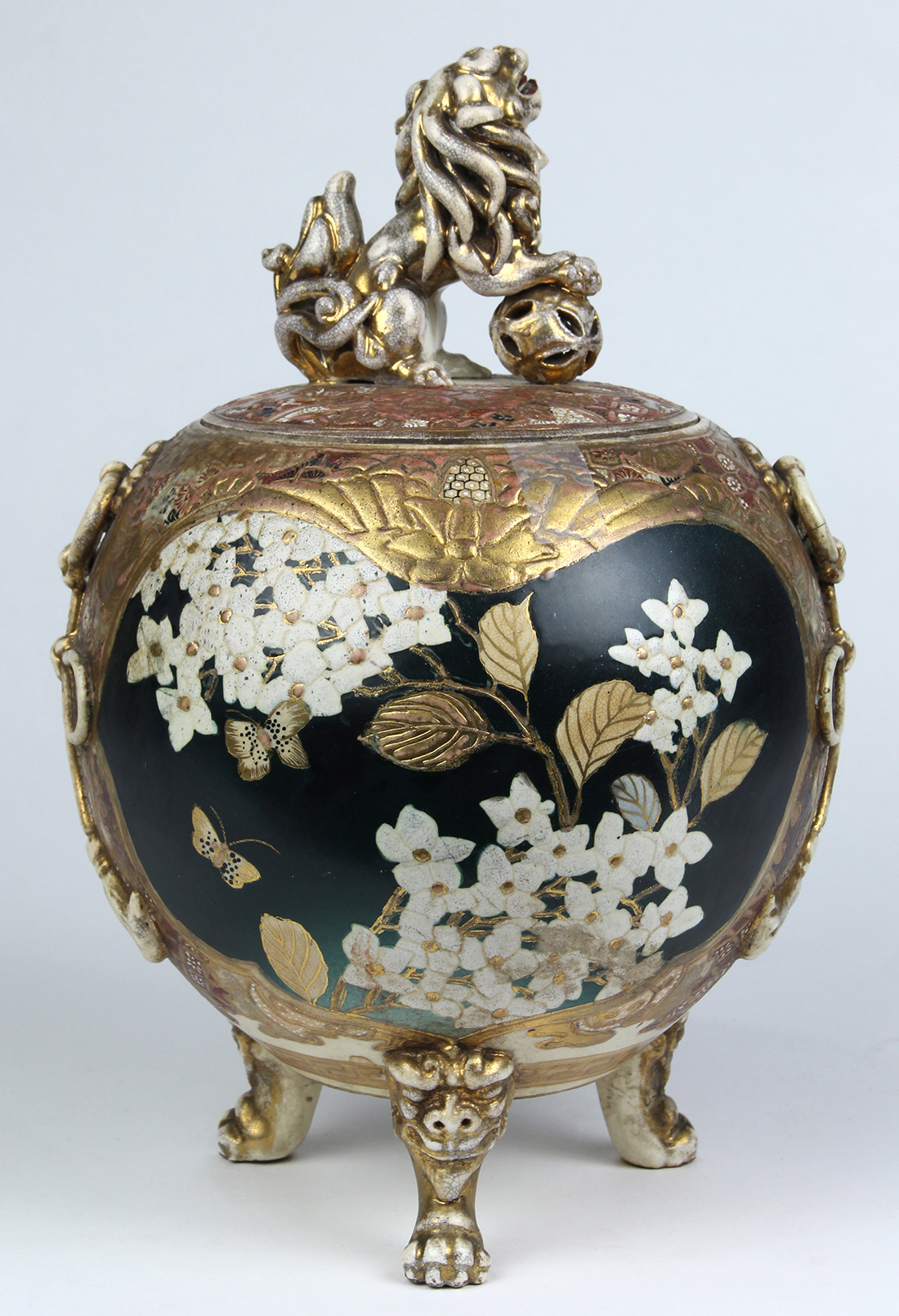 Japanese Satsuma ceramic jar, the lid with a lion form finial, above a globular body having floral - Image 3 of 6