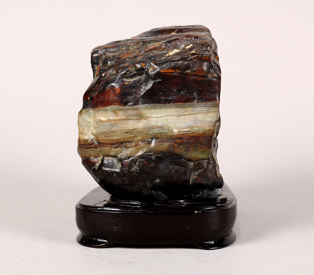 Chinese scholar's rock, reminiscent of a cooked pork belly, with layers of mottled brown and tan - Image 4 of 5