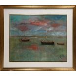 Calm Sea with Boats oil on canvas, signed indistinctly lower right, 20th century, overall (with