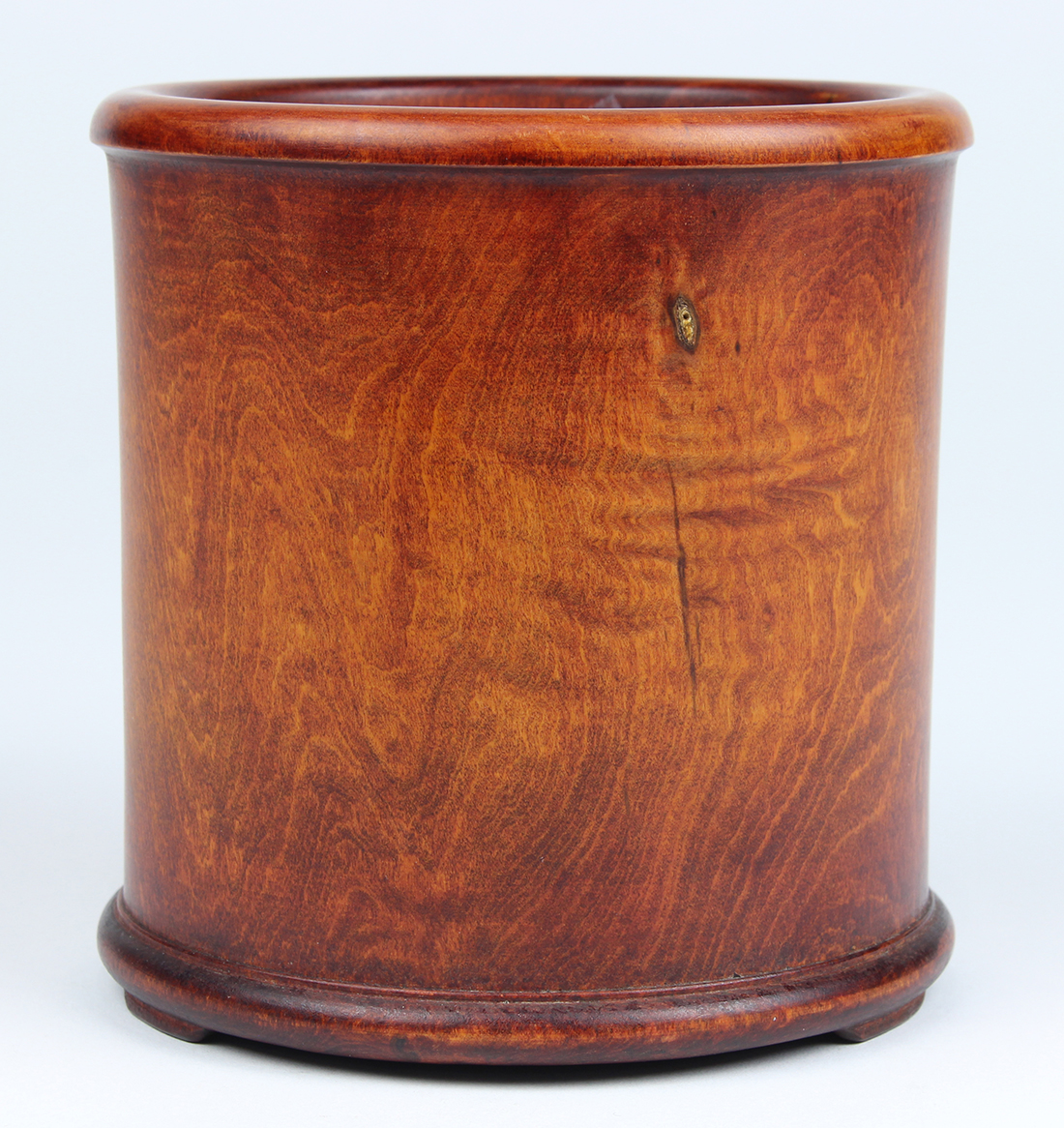 Chinese wood brush pot, the tapering body with raised bands to the rim and base, executed from a - Image 2 of 4