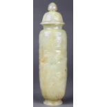 Chinese jade lidded urn, the tall cylindrical body carved with scholars in landscape; together