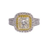 Diamond and 18k white gold ring Centering (1) princess-cut diamond, weighing 3.57 cts.,