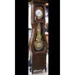French morbier style tall case clock, having a polychrome and repousse border flanking the enamel